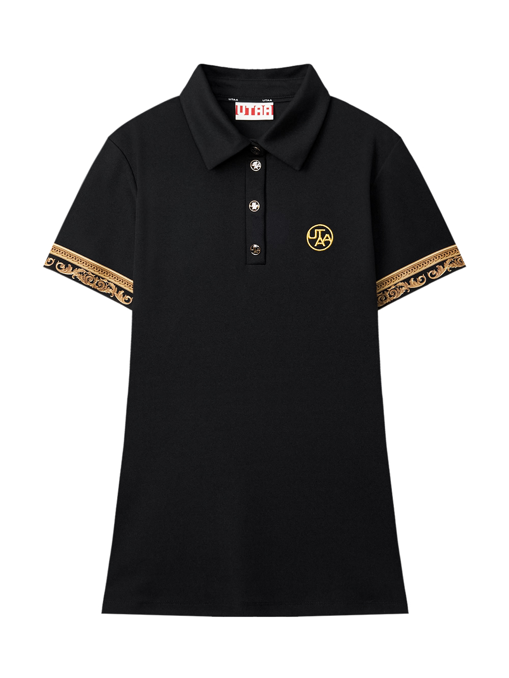 Áo golf nữ UTAA màu đen cổ bẻ tay ngắn có viền họa tiết vàng sang trọng