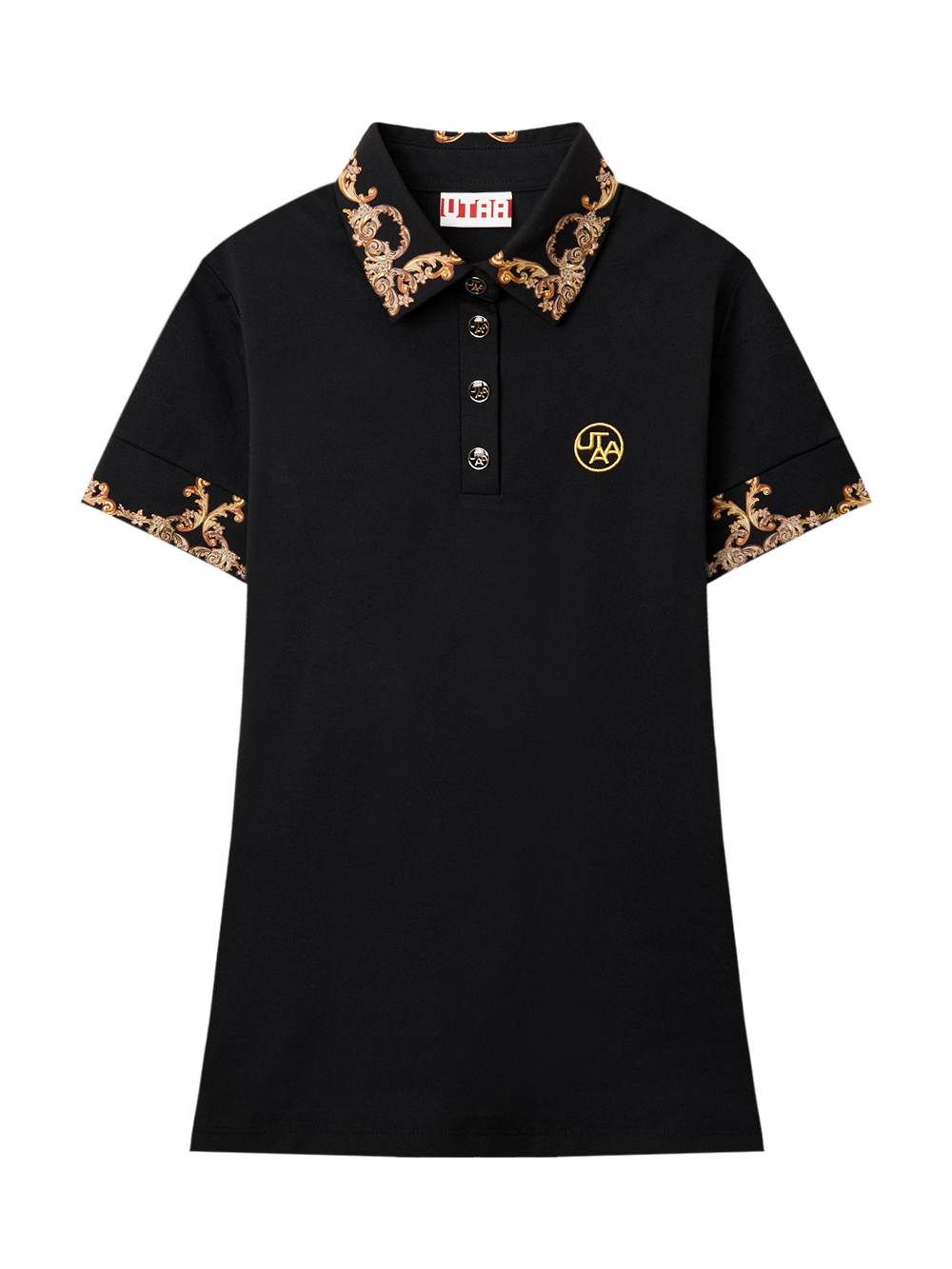 Áo polo golf nữ UTAA màu đen họa tiết Baroque trên cổ áo và gấu tay