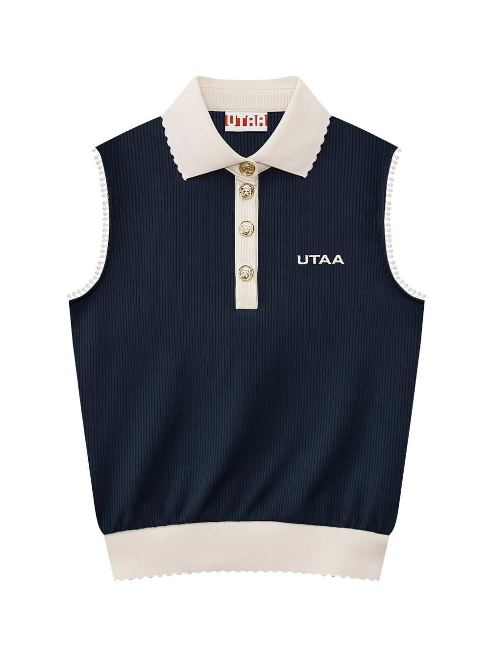 Áo golf nữ UTAA cổ bẻ không tay màu xanh navy phối trắng viền sóng nút vàng sang trọng