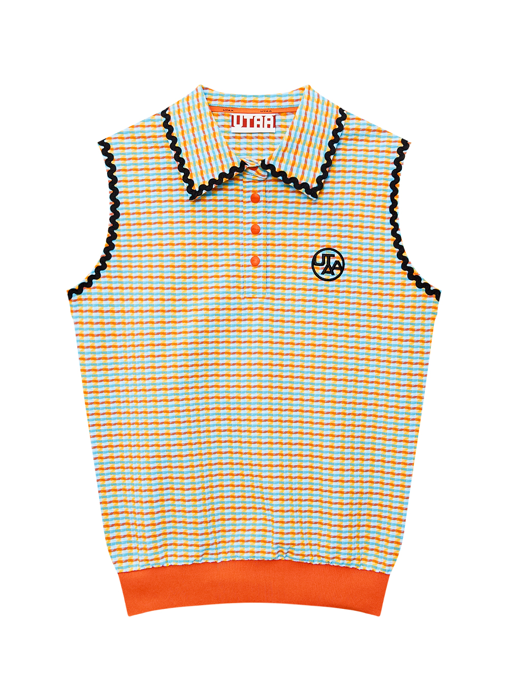 Áo golf nữ cổ bẻ không tay họa tiết kẻ cam — UTAA | Seoul Golf Fashion