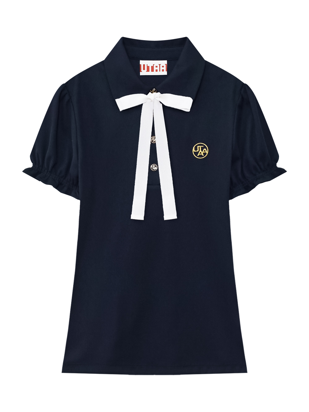 Áo golf nữ UTAA cổ bẻ tay phồng màu xanh navy điểm nơ trắng