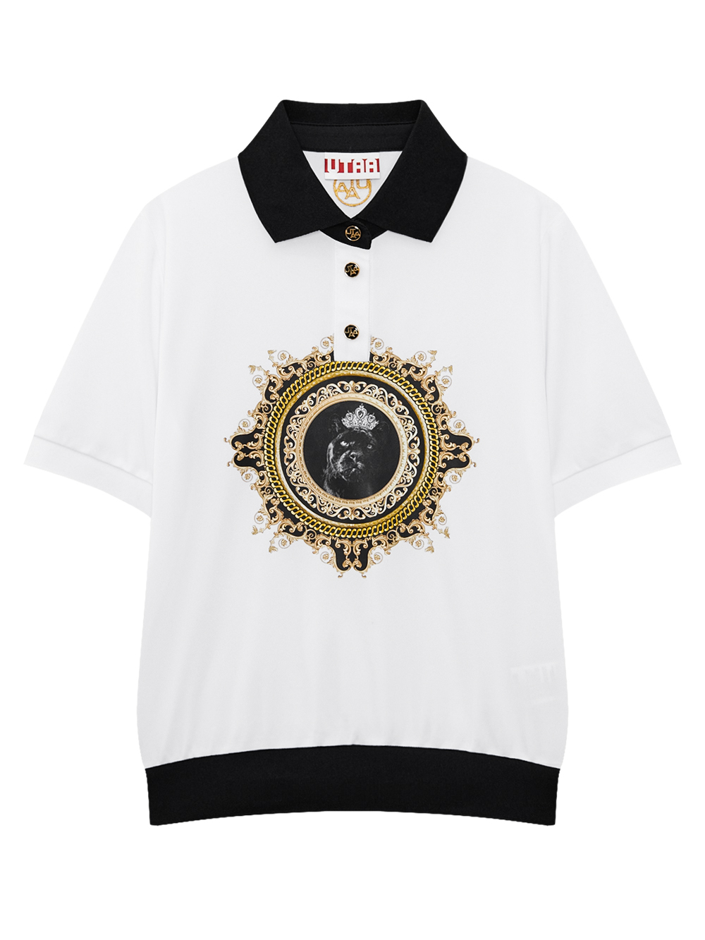 Áo golf nữ cổ polo phối viền đen họa tiết báo hoàng gia trắng — UTAA | Seoul Golf Fashion