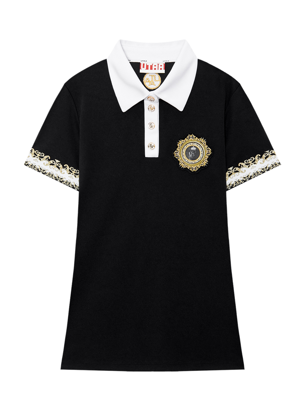 Áo polo golf nữ cổ bẻ phối họa tiết baroque màu đen — UTAA | Seoul Golf Fashion