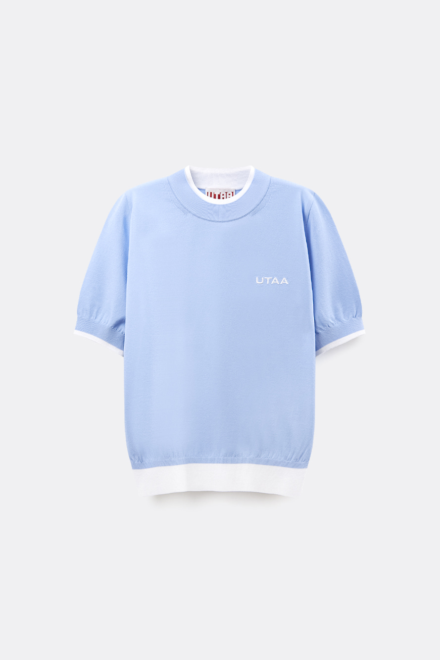 Áo knit golf nữ UTAA màu xanh dương cổ tròn tay lửng phối viền trắng