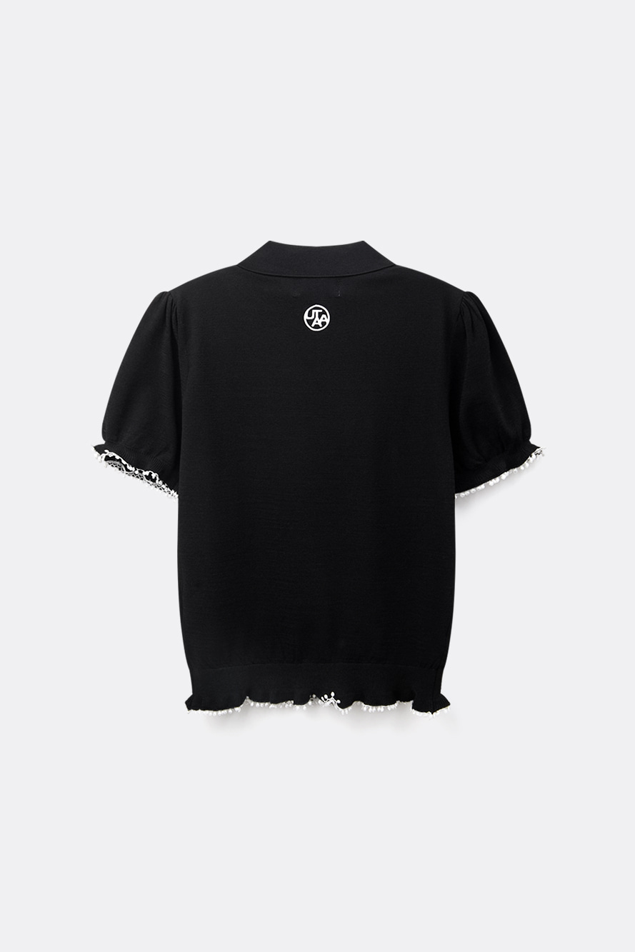 Áo knit golf nữ tay phồng phối nơ trắng màu đen — ảnh 2