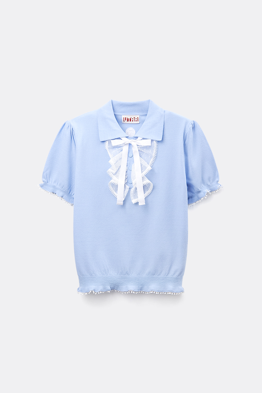 Áo knit golf nữ màu xanh dương tay ngắn phối bèo nơ trắng UTAA
