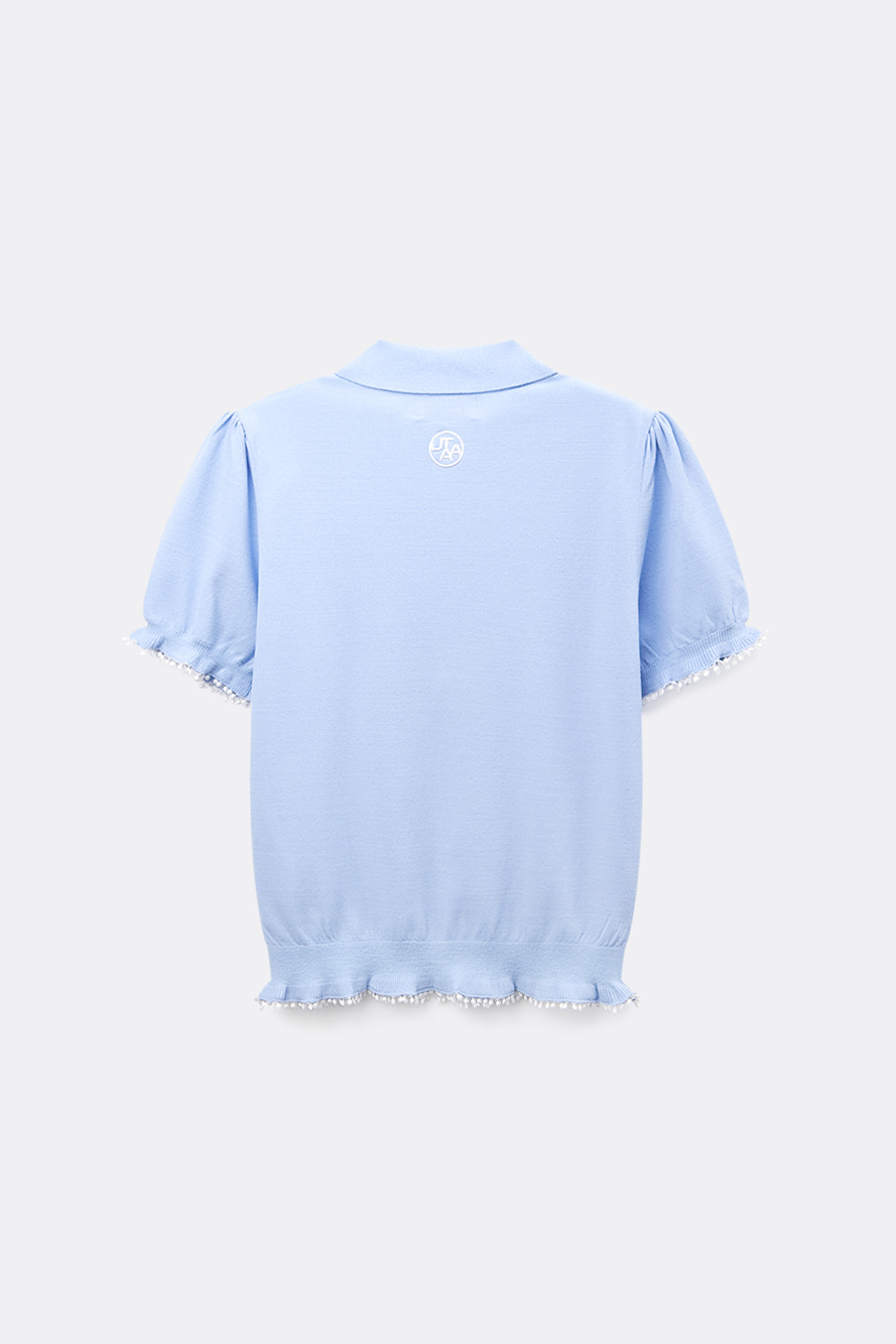 Áo knit golf nữ tay ngắn phối bèo nơ trắng xanh dương — ảnh 2