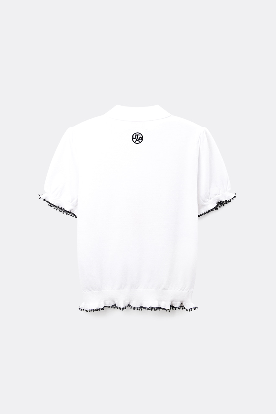Áo knit golf nữ cổ bẻ tay ngắn trắng phối nơ đen — ảnh 2
