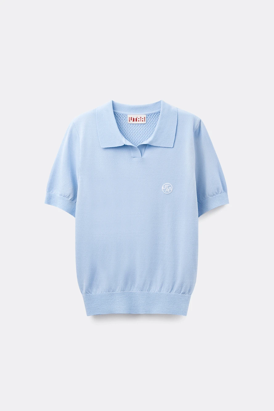 Áo knit golf nữ màu xanh dương cổ bẻ tay ngắn của UTAA