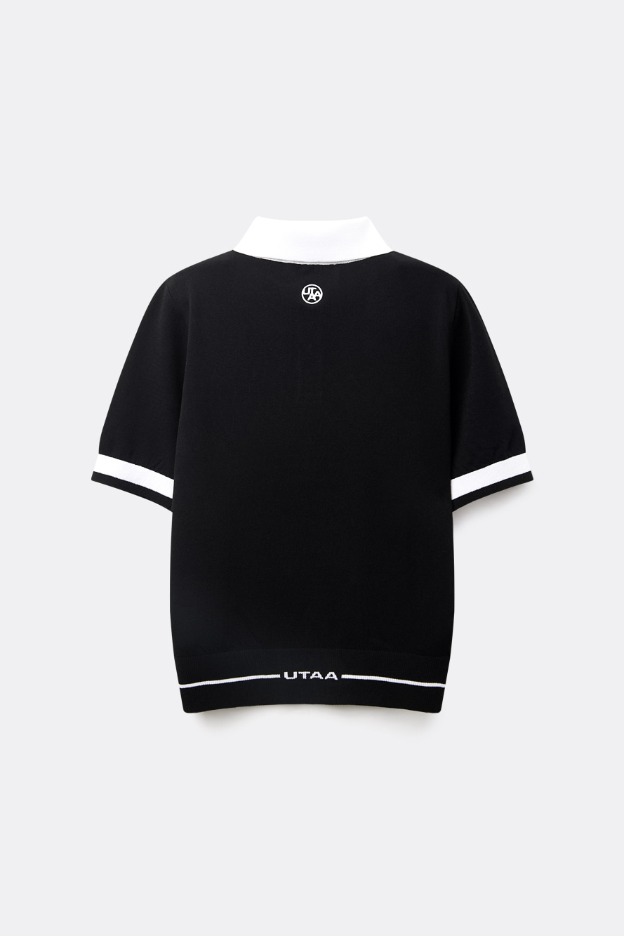 Áo knit golf nữ cổ bẻ phối viền trắng màu đen — ảnh 2