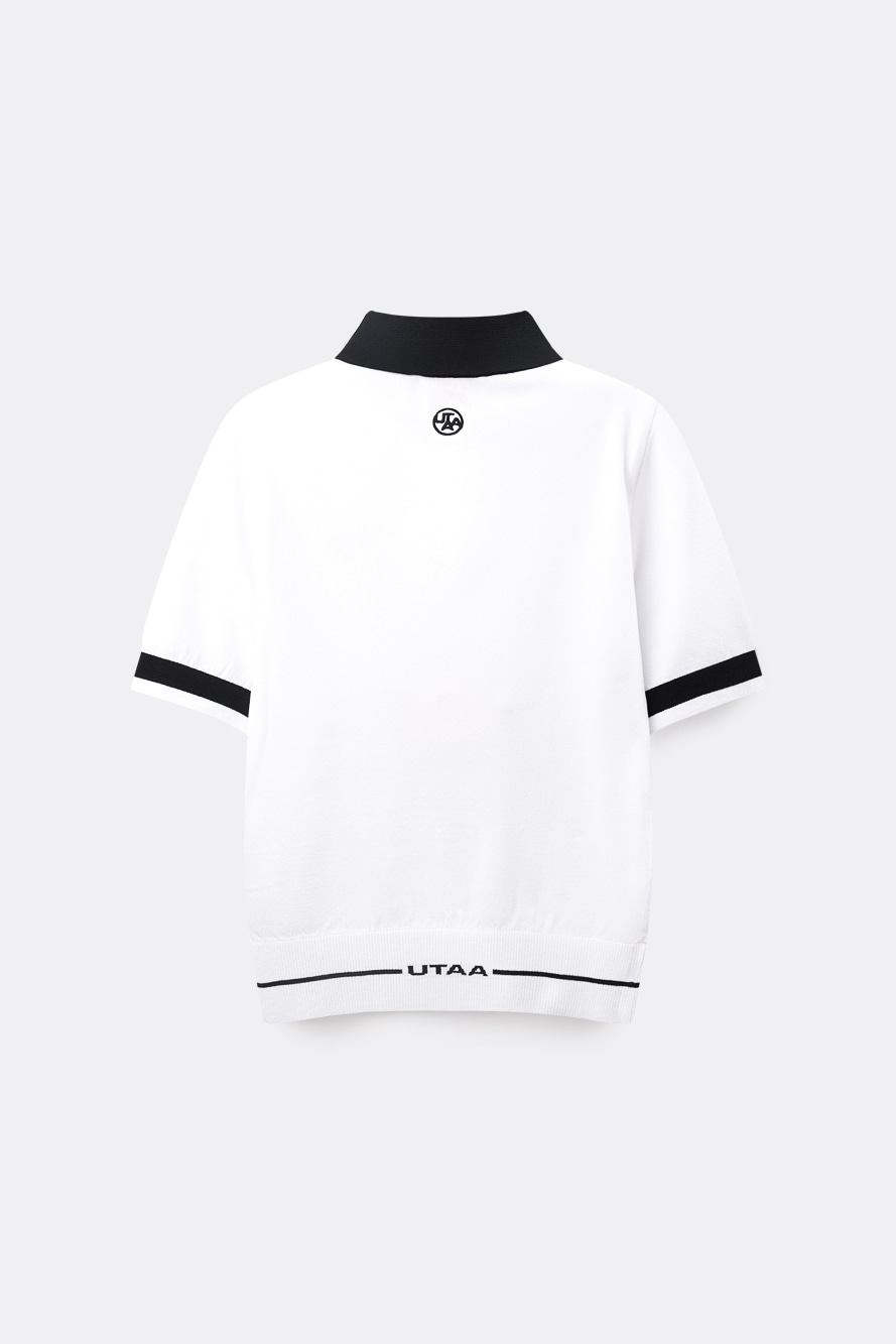 Áo knit golf nữ cổ bẻ phối viền đen màu trắng — ảnh 2
