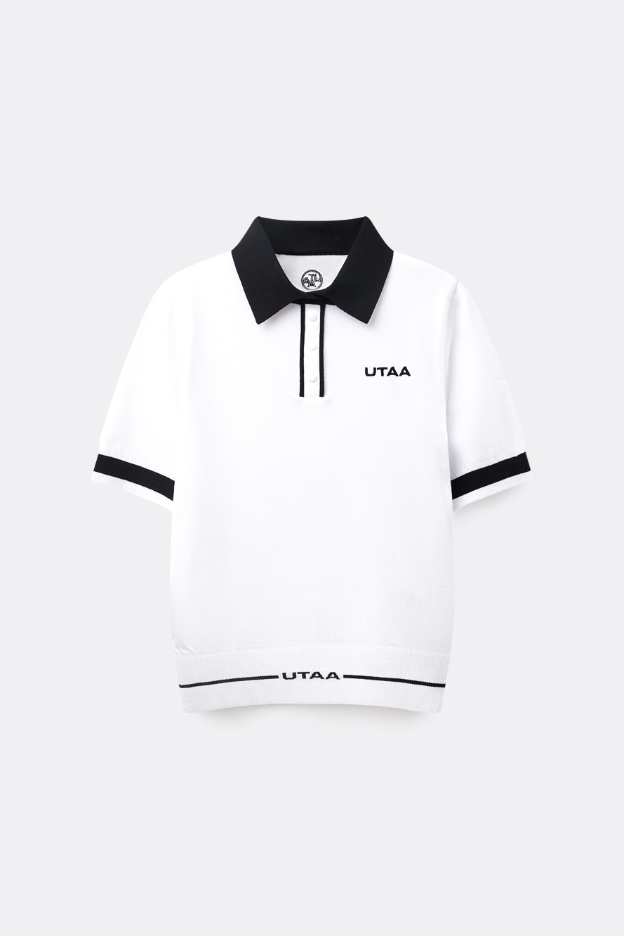 Áo knit golf nữ UTAA trắng phối viền đen cổ bẻ tay ngắn