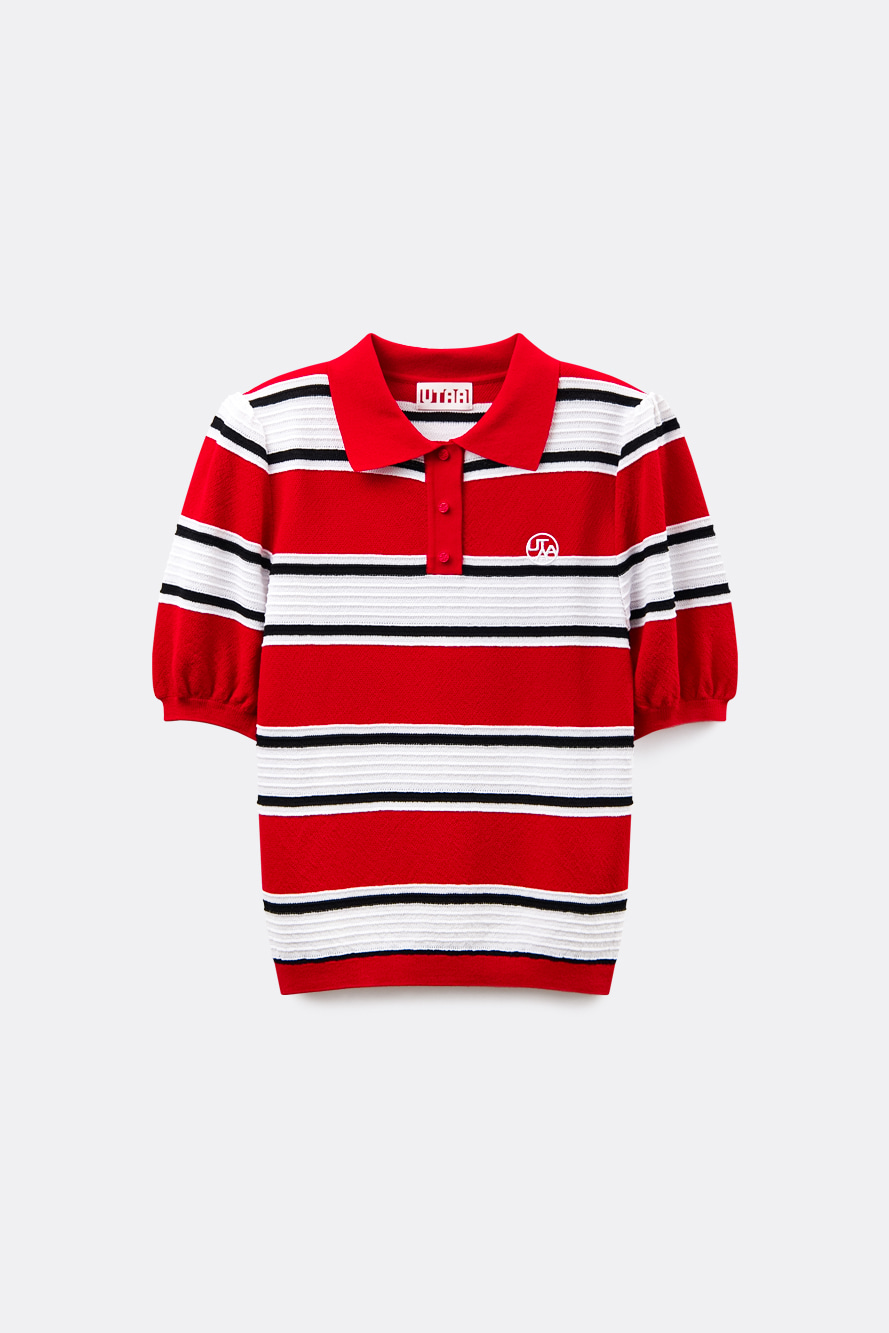 Áo knit golf nữ UTAA màu đỏ, tay lửng, kẻ sọc trắng đen phối cổ polo