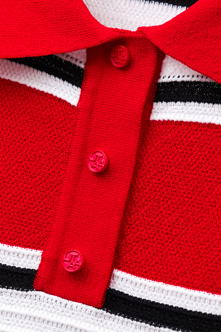 Áo knit golf nữ tay lửng kẻ sọc màu đỏ — ảnh 4