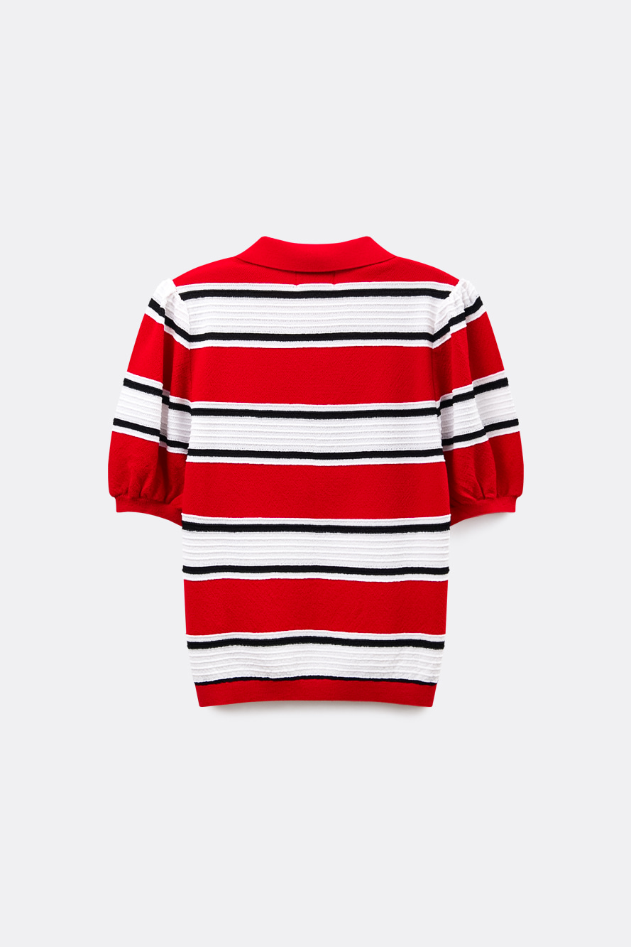 Áo knit golf nữ tay lửng kẻ sọc màu đỏ — ảnh 2