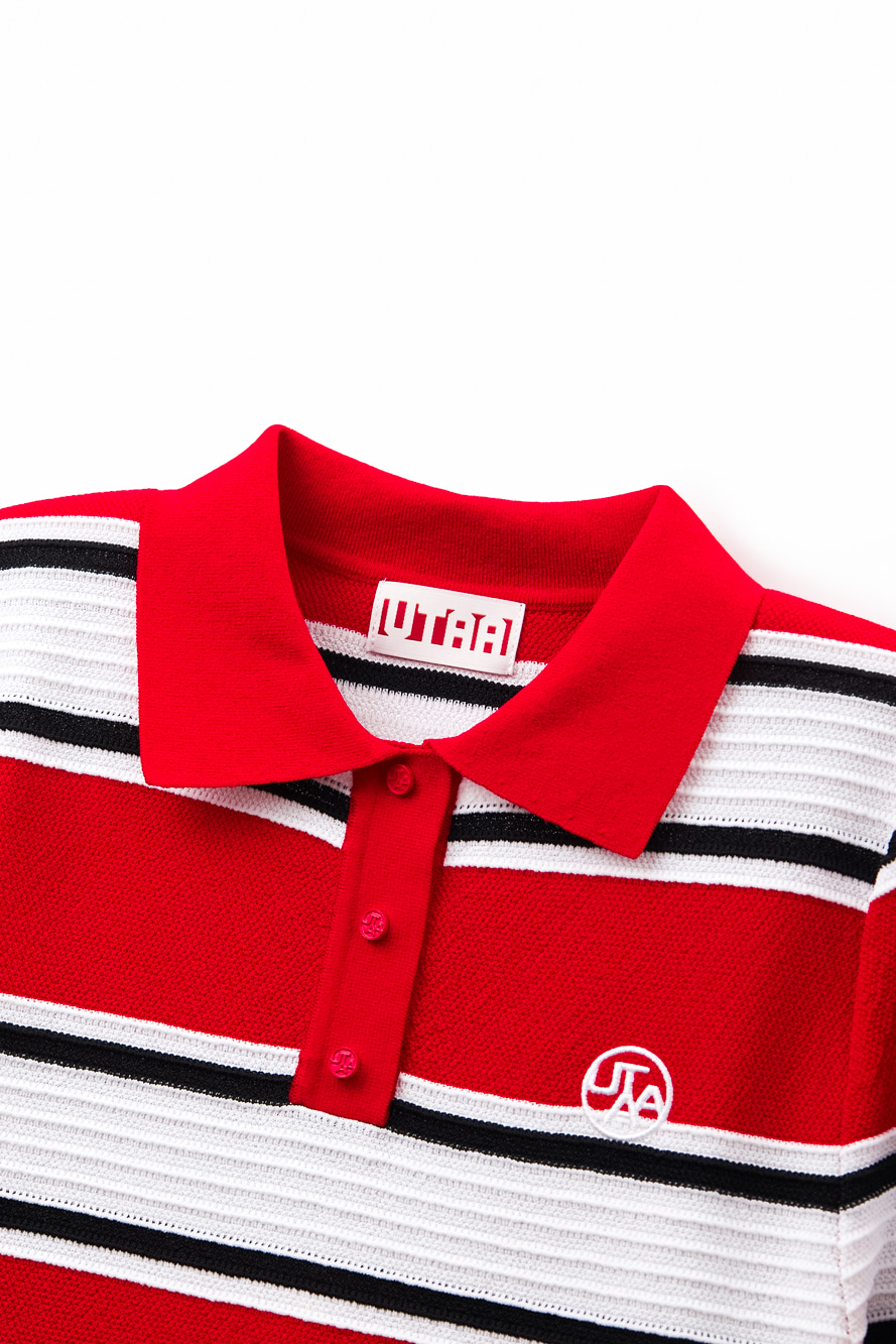 Áo knit golf nữ tay lửng kẻ sọc màu đỏ — ảnh 3