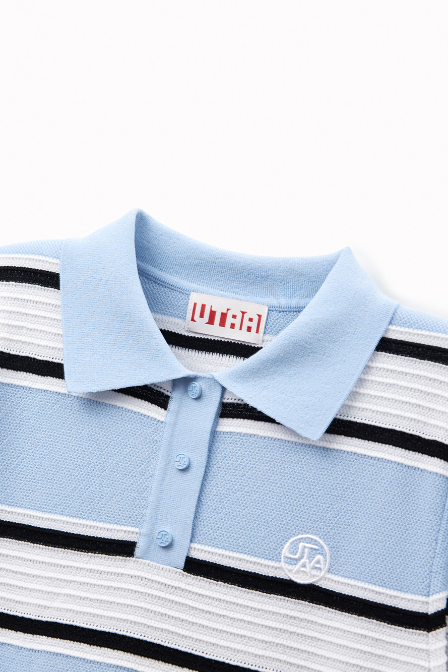 Áo knit golf nữ cổ bẻ tay lỡ phối sọc xanh dương — ảnh 3