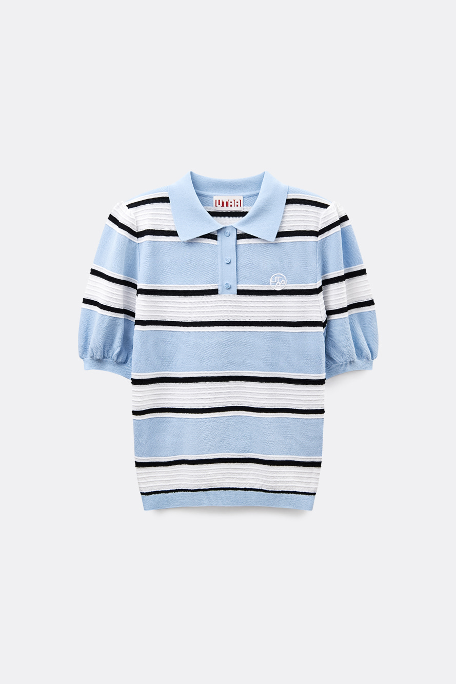 Áo knit golf nữ UTAA cổ bẻ tay lỡ phối sọc ngang màu xanh dương trắng đen