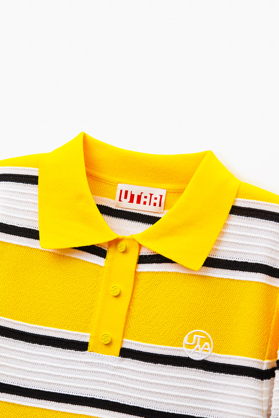 Áo knit golf nữ cổ bẻ tay lỡ kẻ sọc vàng trắng — ảnh 3