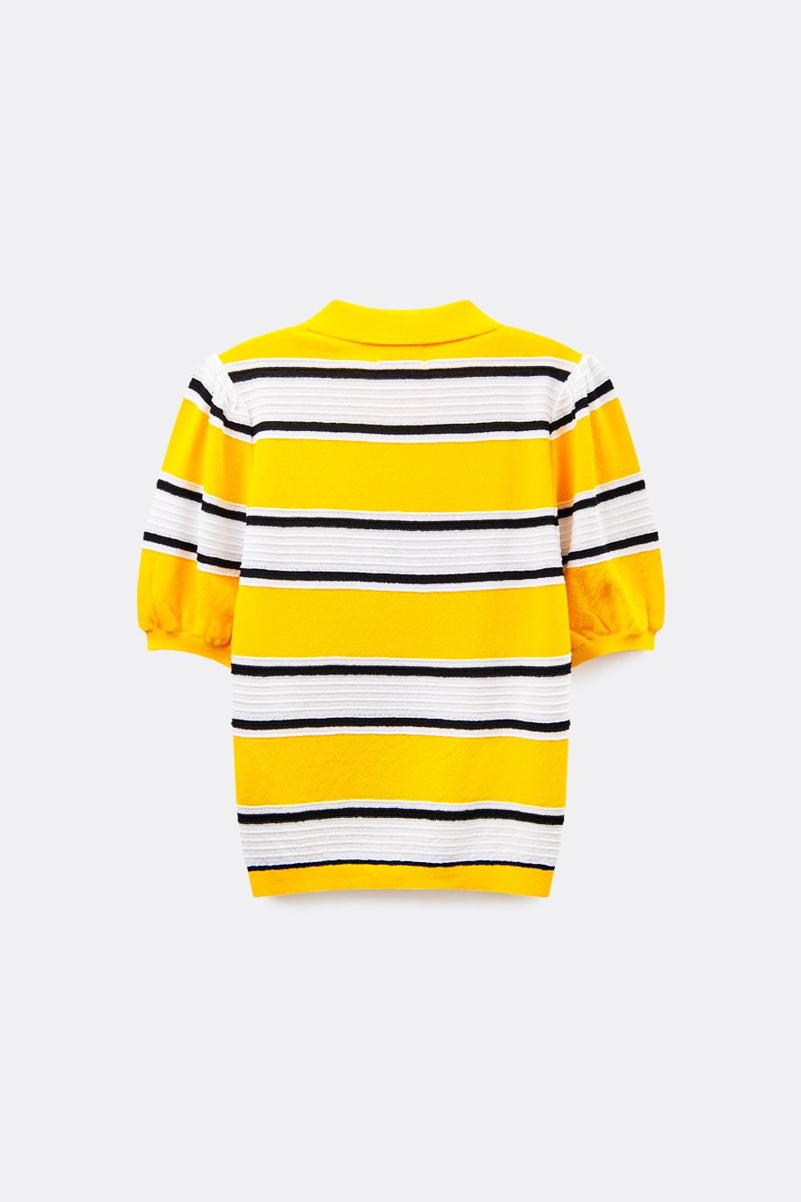 Áo knit golf nữ cổ bẻ tay lỡ kẻ sọc vàng trắng — ảnh 2