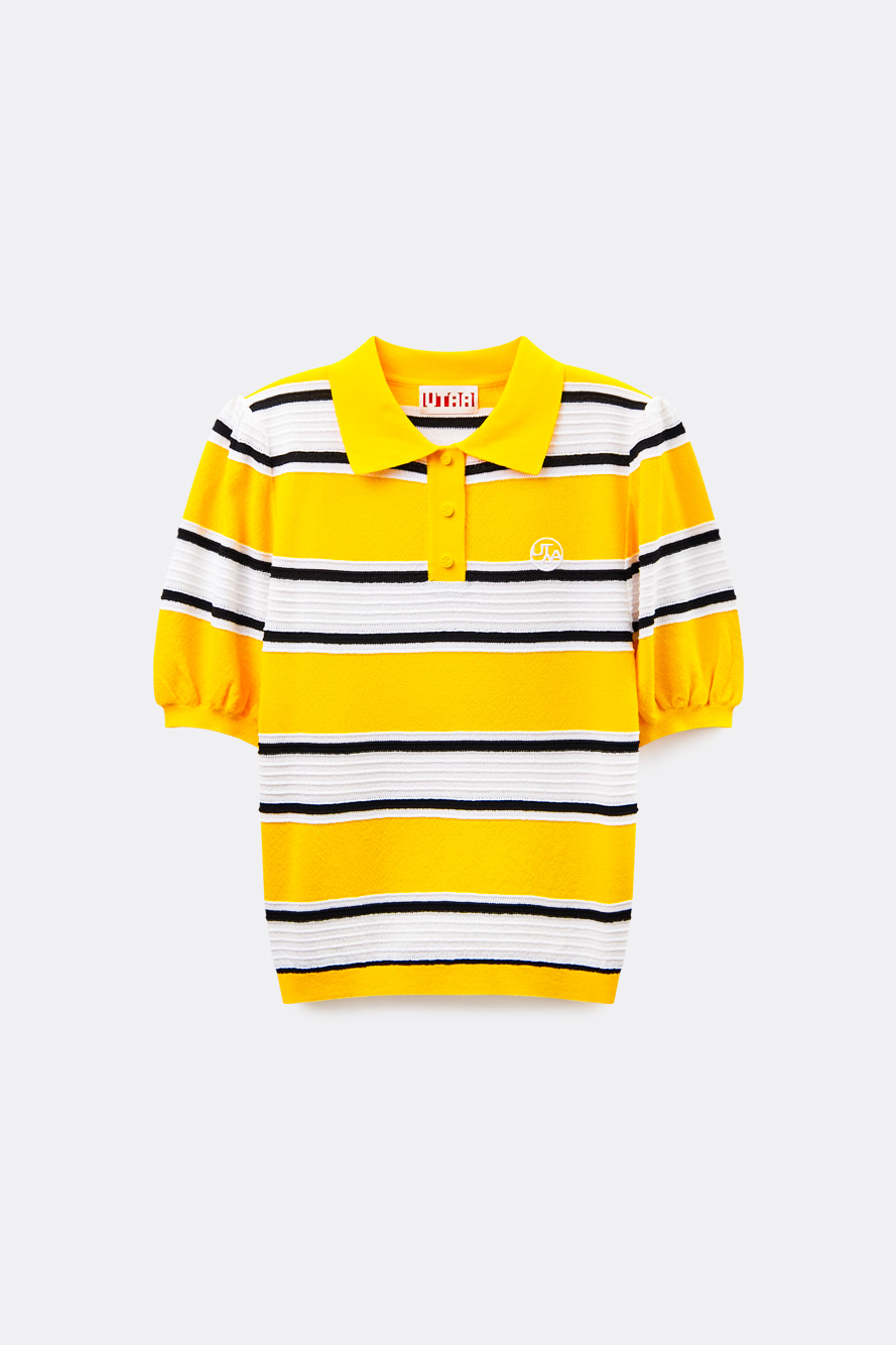 Áo knit golf nữ màu vàng, cổ bẻ, tay lỡ, sọc ngang trắng và đen, thương hiệu UTAA