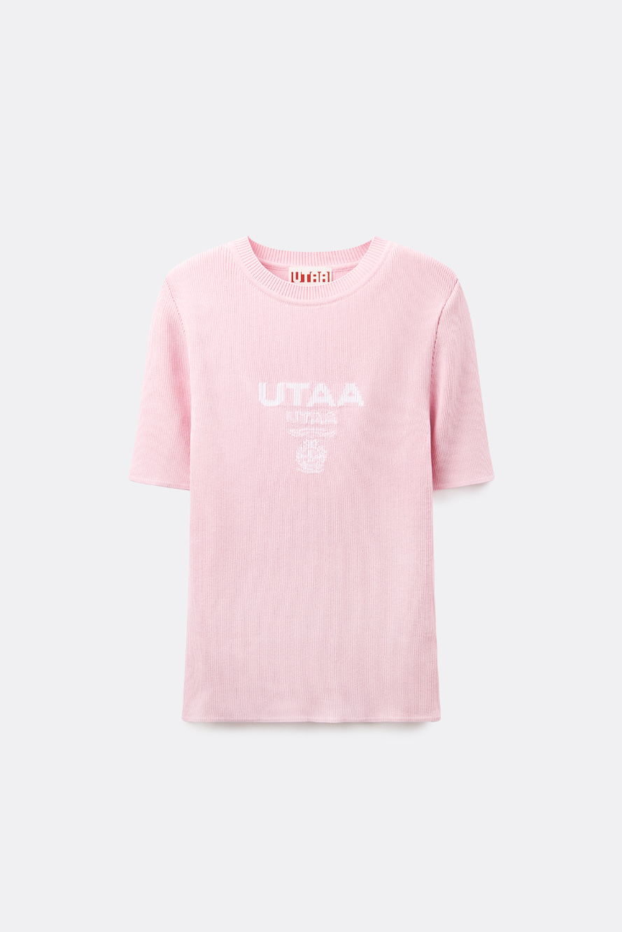 Áo knit golf nữ cổ tròn tay lửng màu hồng nhạt có logo UTAA trước ngực