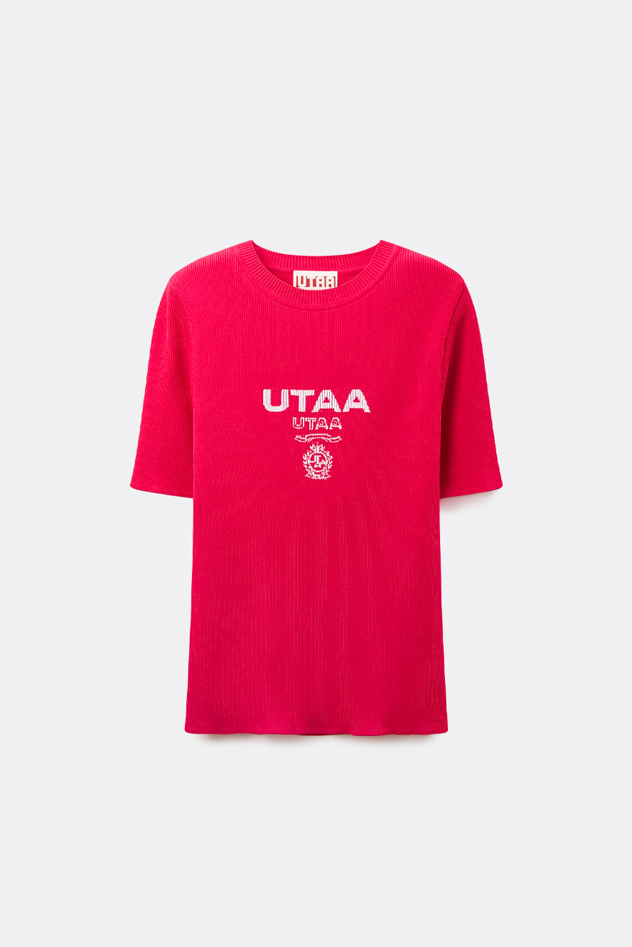 Áo knit golf nữ màu hồng UTAA cổ tròn tay lỡ có logo thêu chữ UTAA trắng