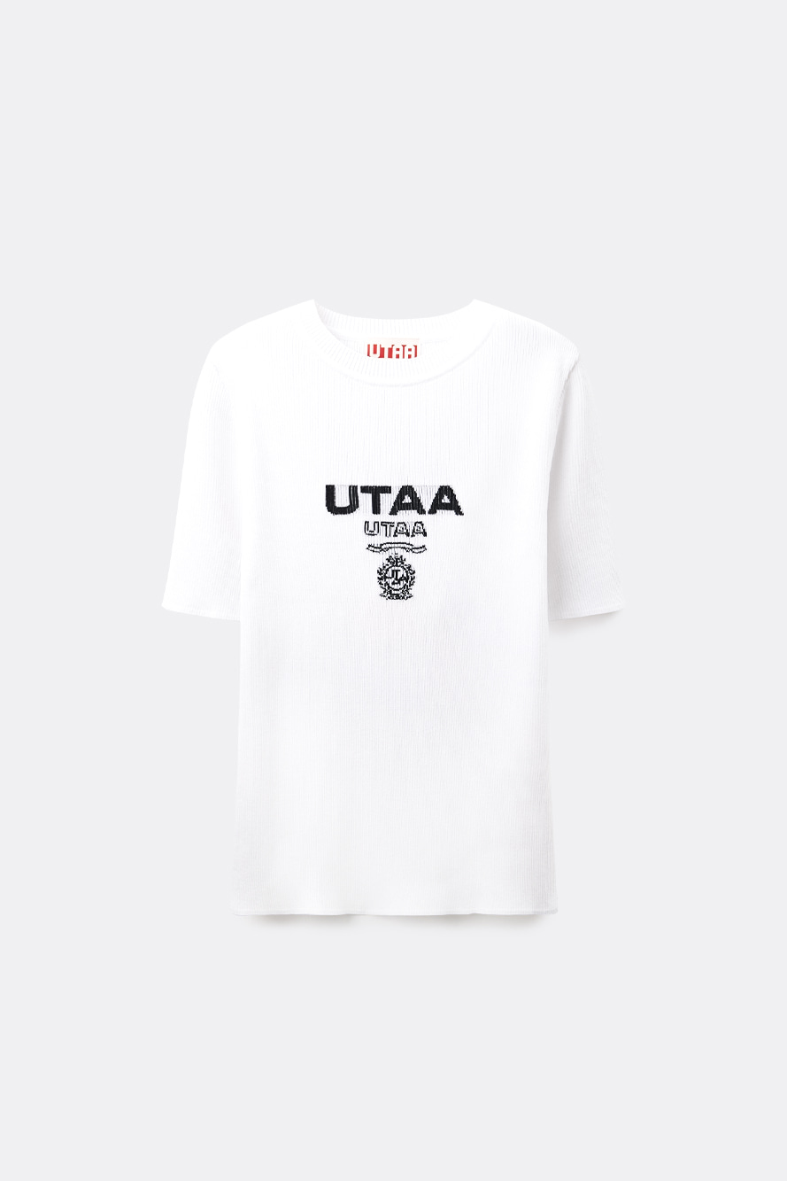 Áo knit golf nữ màu trắng cổ tròn tay lỡ có logo UTAA thêu trước ngực