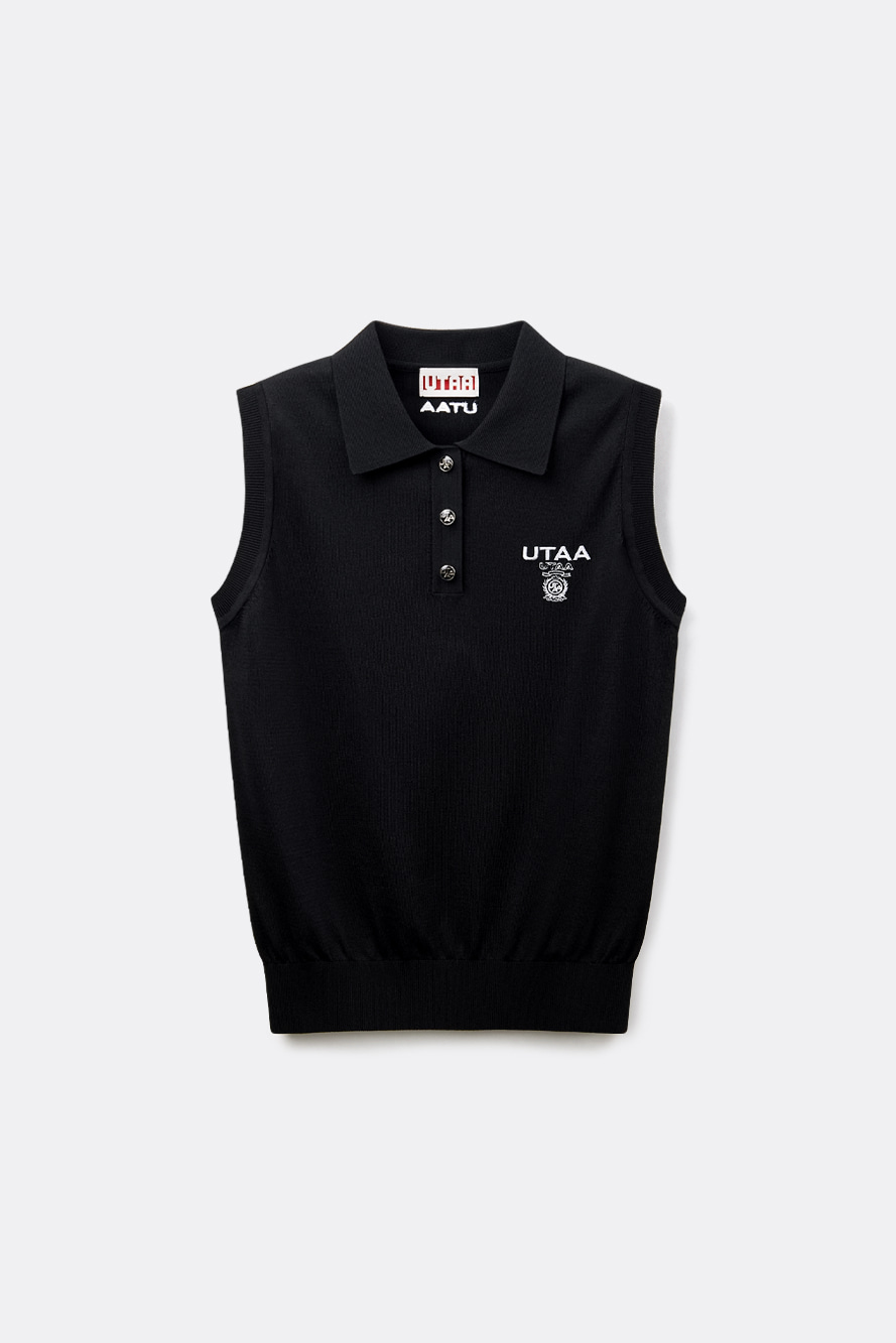 Áo knit golf nữ sát nách màu đen có cổ bẻ và logo UTAA thêu trắng