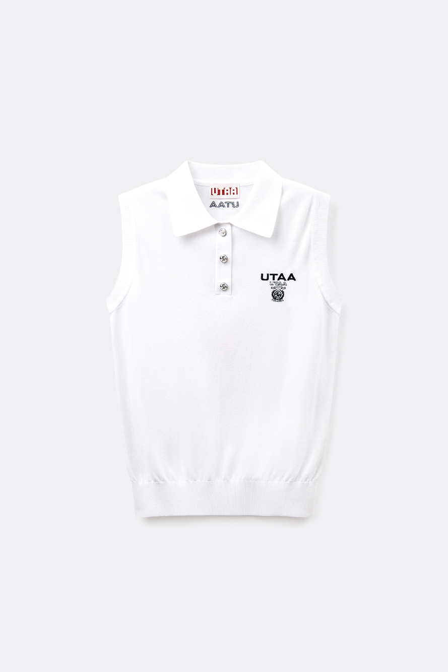 Áo knit golf nữ sát nách cổ bẻ màu trắng có logo UTAA thêu trước ngực