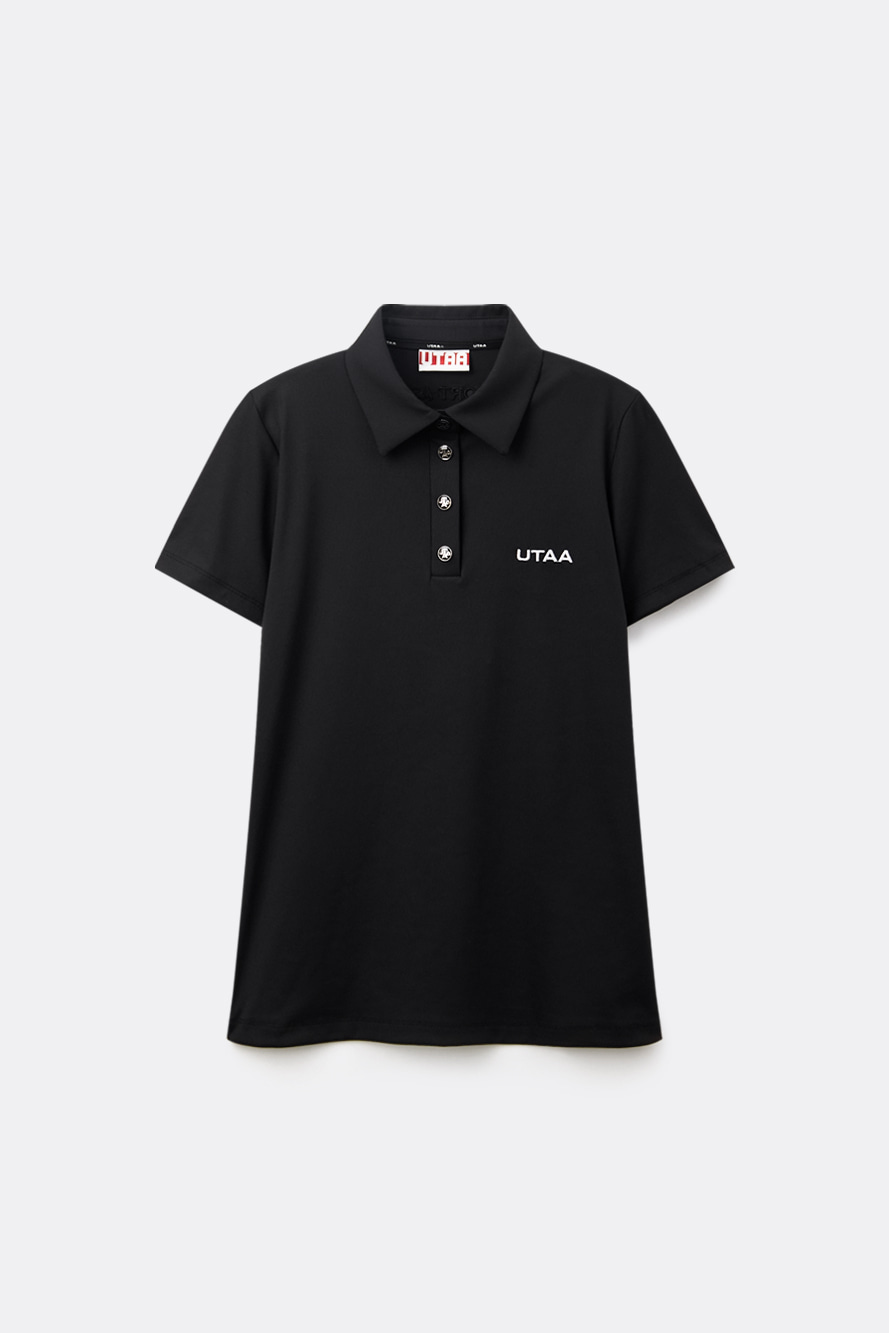 Áo golf nữ cổ bẻ tay ngắn màu đen có logo UTAA trắng