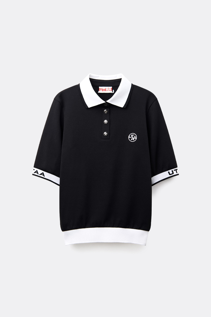 Áo golf nữ UTAA màu đen tay lỡ cổ polo phối trắng viền logo UTAA