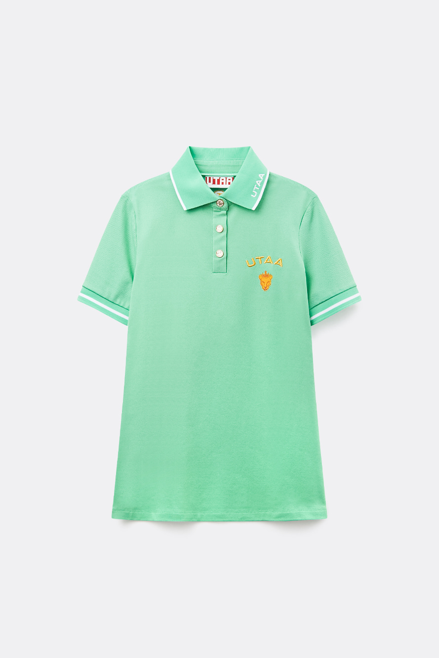 Áo polo nữ màu xanh lá nhạt tay ngắn, cổ bẻ phối viền trắng, thêu logo UTAA vàng cam
