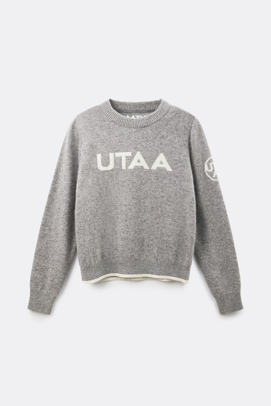 Áo knit golf nữ màu xám dáng suông có logo UTAA phía trước và tay áo