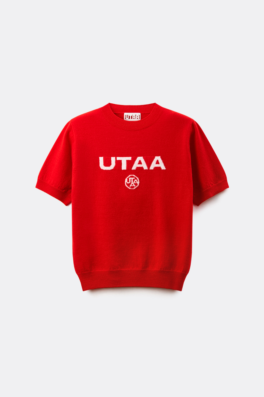Áo len knit golf nữ UTAA đỏ tay ngắn logo trắng cổ tròn