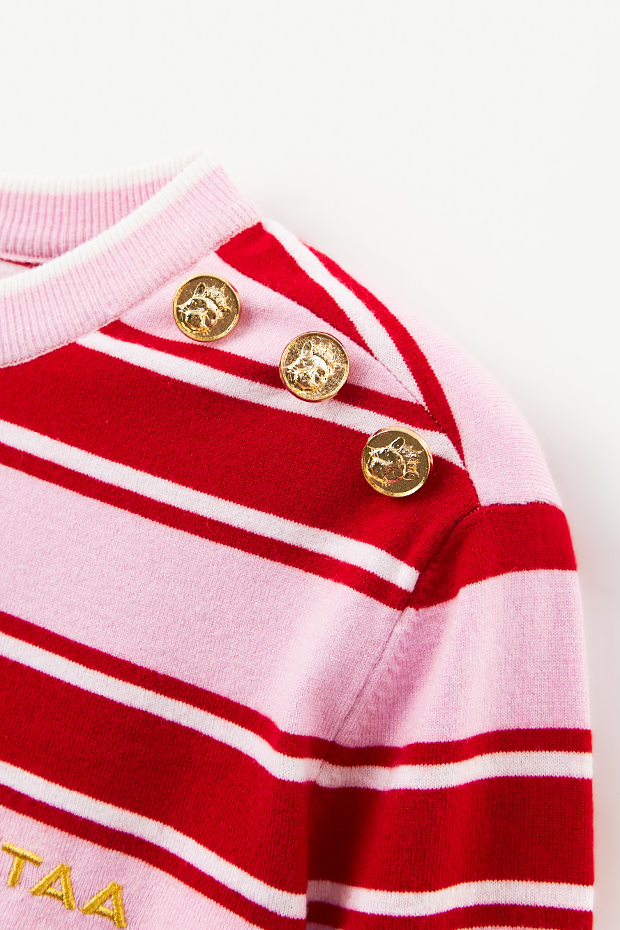 Áo knit golf nữ sọc ngang hồng nhạt phối nút vàng — ảnh 4