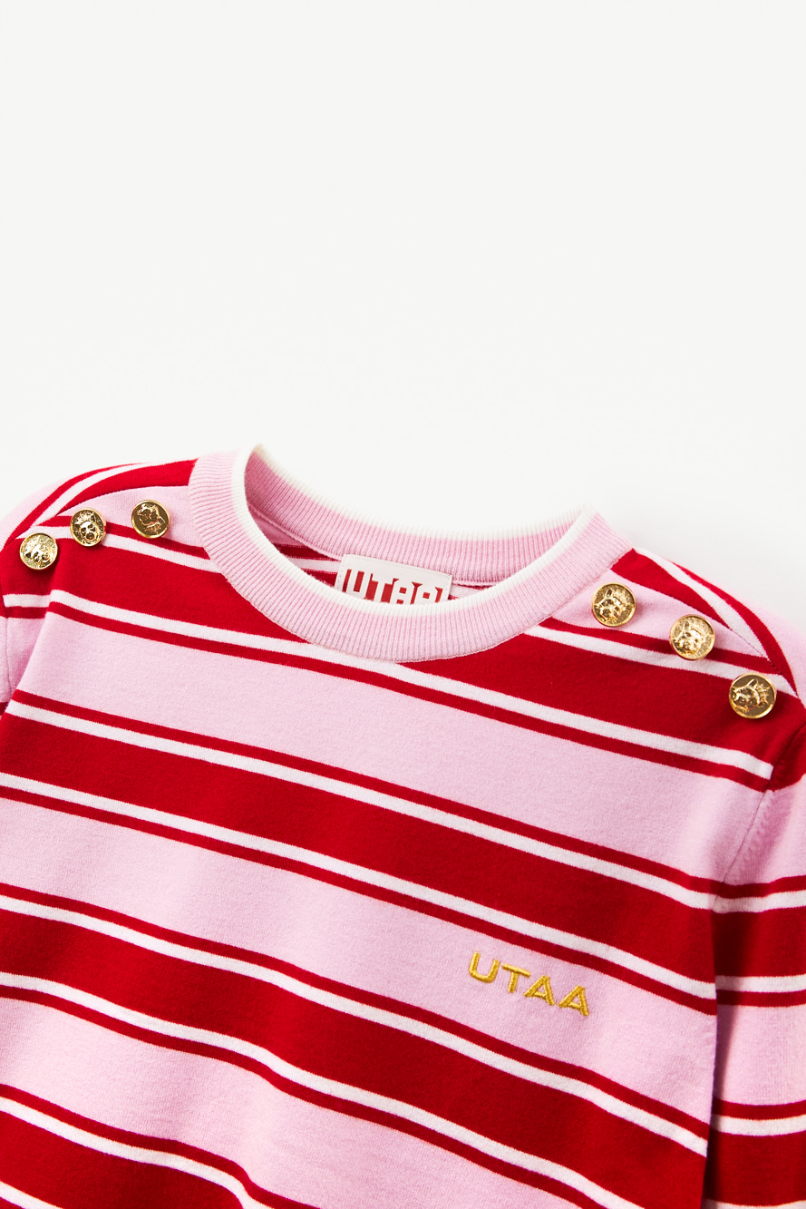 Áo knit golf nữ sọc ngang hồng nhạt phối nút vàng — ảnh 3