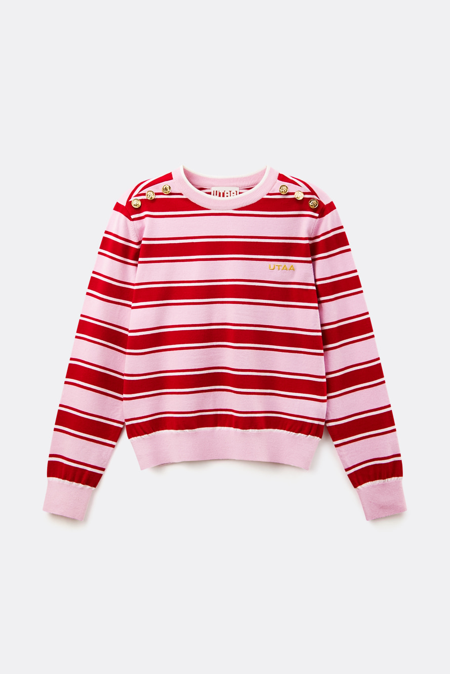 Áo knit golf nữ sọc ngang màu hồng nhạt phối đỏ với chi tiết nút vàng dọc vai UTAA