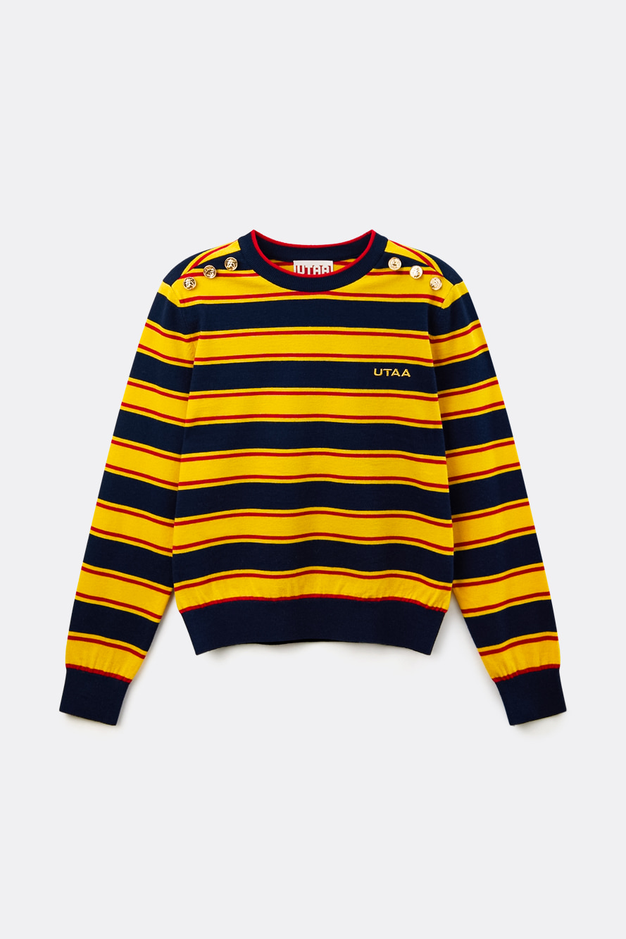 Áo knit golf nữ UTAA kẻ sọc xanh navy vàng có cúc trang trí trên vai