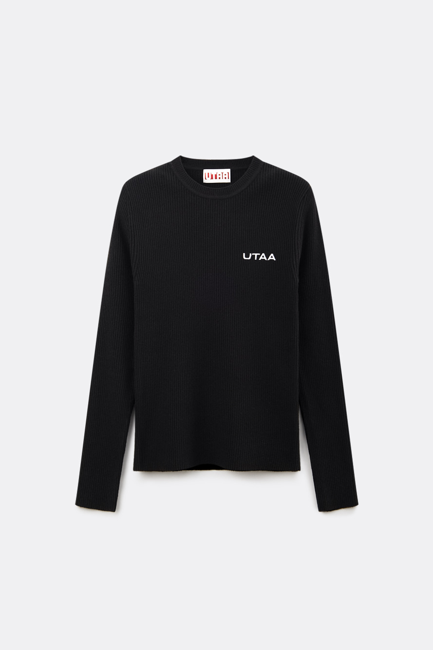 Áo knit golf nữ UTAA màu đen cổ tròn tay dài, chi tiết logo UTAA trước ngực