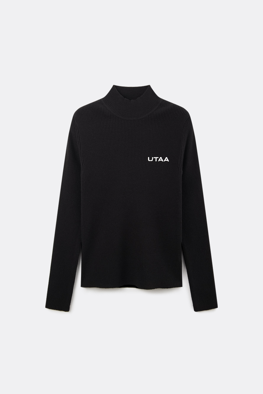 Áo knit golf nữ UTAA màu đen cổ cao ôm vừa, logo trắng nhỏ ở ngực
