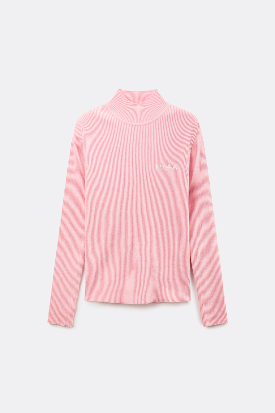 Áo knit golf nữ UTAA màu hồng nhạt cổ cao tay dài logo đơn giản