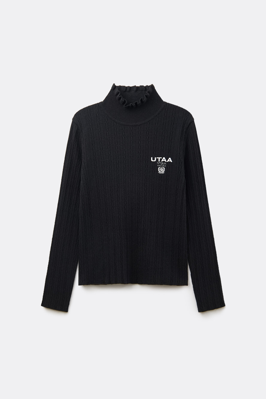 Áo knit golf nữ màu đen cổ cao bèo họa tiết dệt nổi UTAA