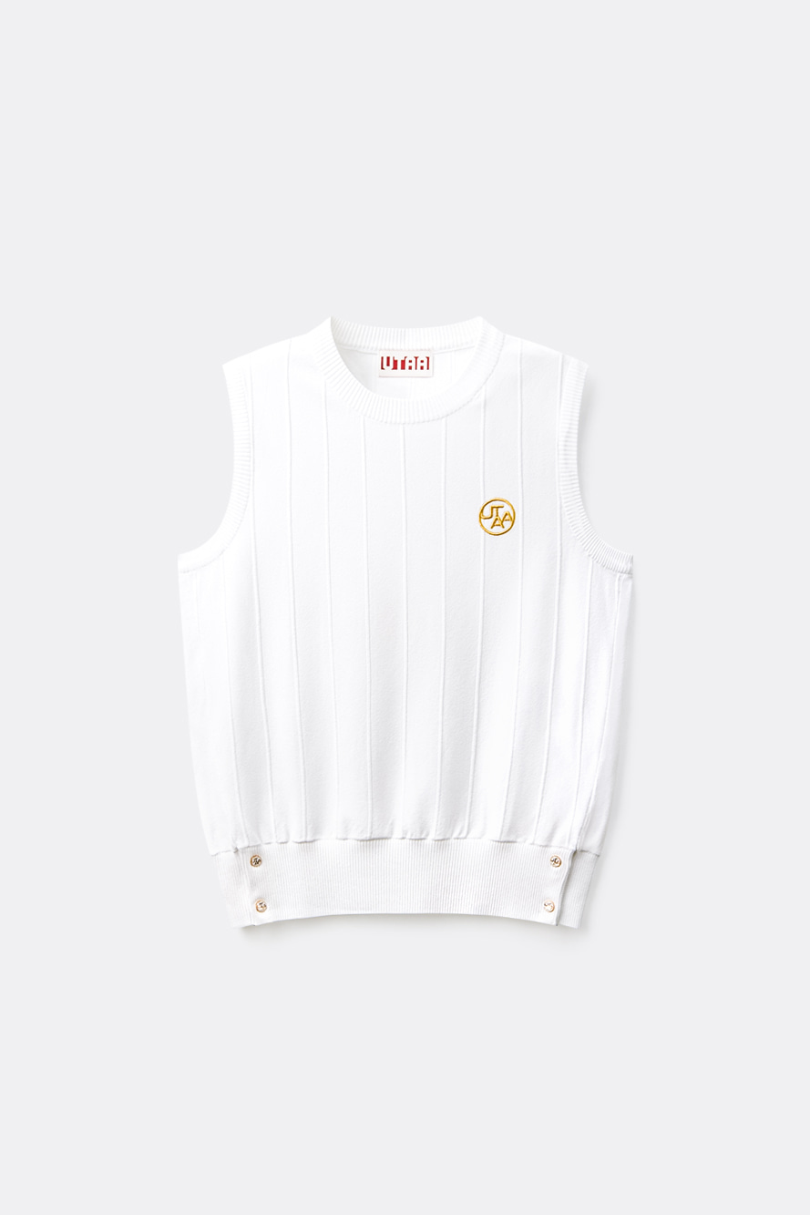 Áo knit golf nữ sát nách màu trắng UTAA cổ tròn, logo vàng chanh, gấu áo cài khuy