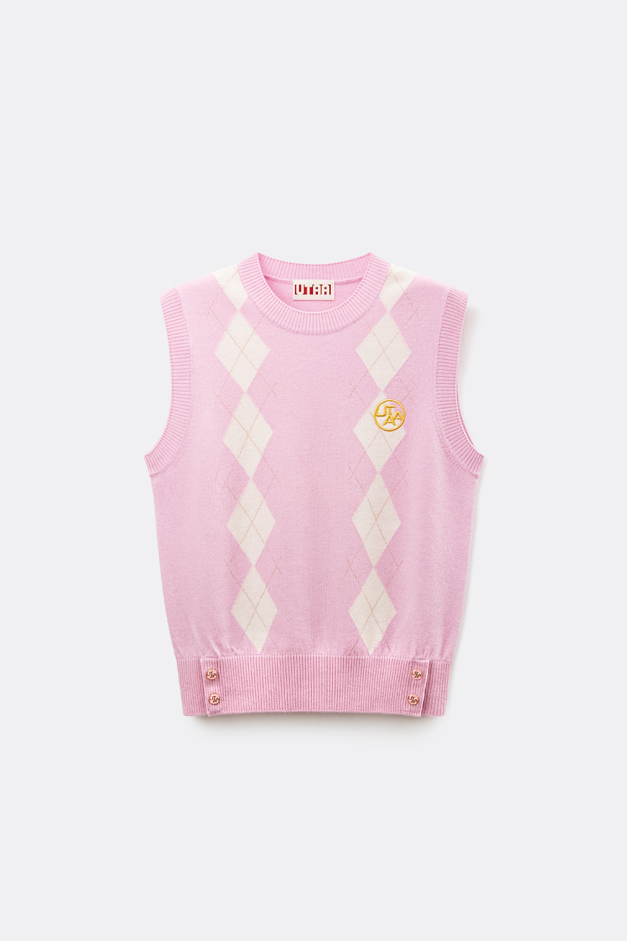 Áo vest golf nữ UTAA màu hồng nhạt họa tiết argyle, kiểu không tay, gấu áo có khuy trang trí