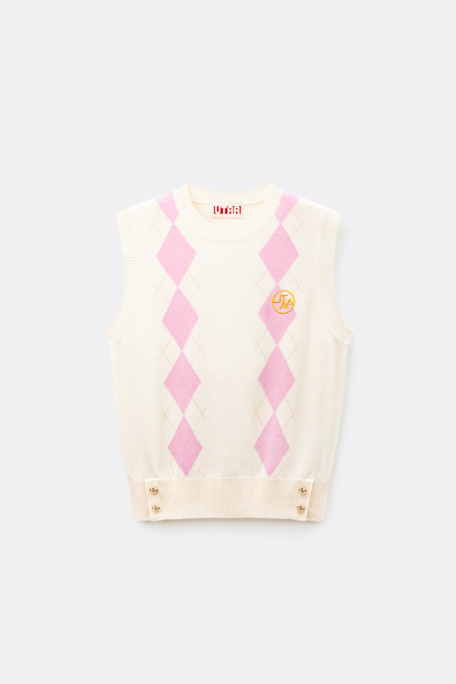 Áo vest golf nữ UTAA màu trắng họa tiết argyle hồng, dáng suông không tay
