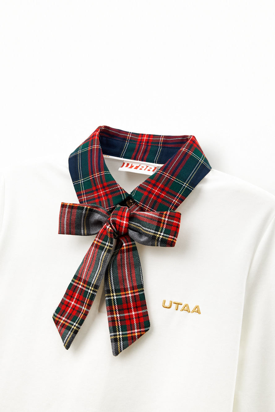 Áo sơ mi golf nữ tay dài phối cổ nơ kẻ ca rô xanh navy — ảnh 3