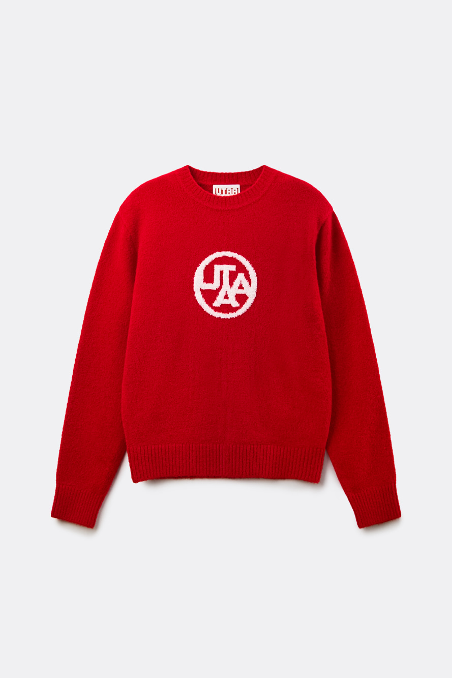 Áo knit golf nữ màu đỏ cổ tròn tay dài họa tiết logo UTAA ở trung tâm ngực