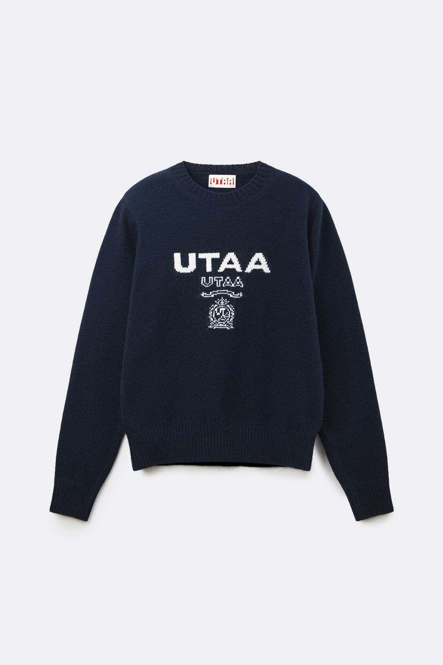 Áo knit golf nữ UTAA xanh navy cổ tròn họa tiết logo trước ngực