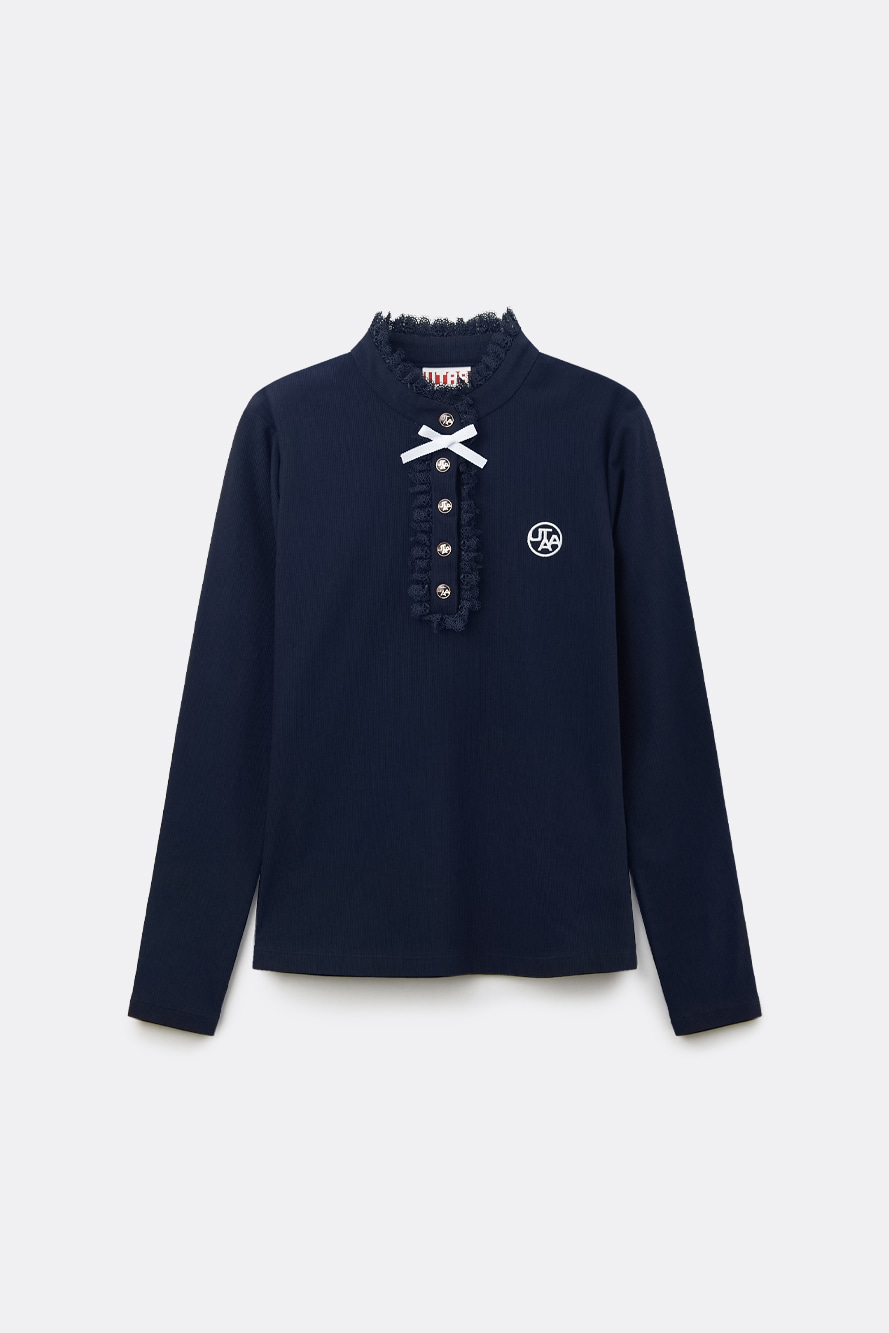 Áo sơ mi golf nữ UTAA xanh navy cổ trụ phối ren và nơ trắng, tay dài